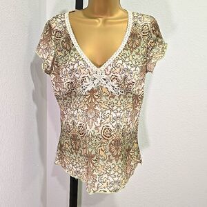 Y2K Babydoll Forest Fairy Green Cream Embroidered Lace Top Womens Sz Med Paisley